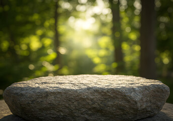 Obraz premium Serene Stone Product Display: Sunlit Forest Background, Tranquil Mood, Natural Texture