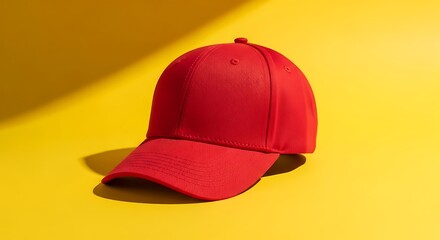 Fototapeta premium A vibrant red baseball cap casting a shadow on a bright yellow background