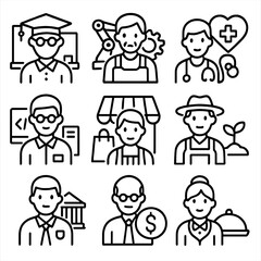 Employment Sectors Icons. Outline icon set of employment sectors by age: education, manufacturing, healthcare,