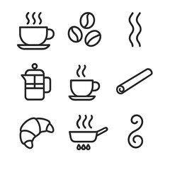 Coffee Aroma Icons. Outline icon set of coffee aroma: steaming cup, coffee beans, scent waves, french press, espresso shot,