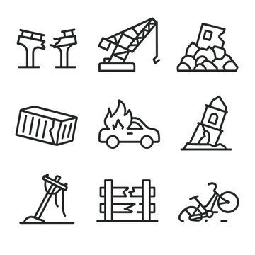 Disaster Wreckage Icons. Outline icon set of disaster wreckage: destroyed bridge, toppled crane, rubble pile, damaged container,