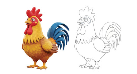 Fototapeta premium Playful Rooster Cartoon Coloring Page for Kids Cheerful Farm Bird Character Art
