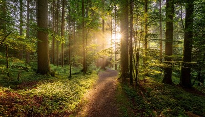 Obraz premium sunlight shining through the trees in a dense forest illuminating the path in the distance beautifully