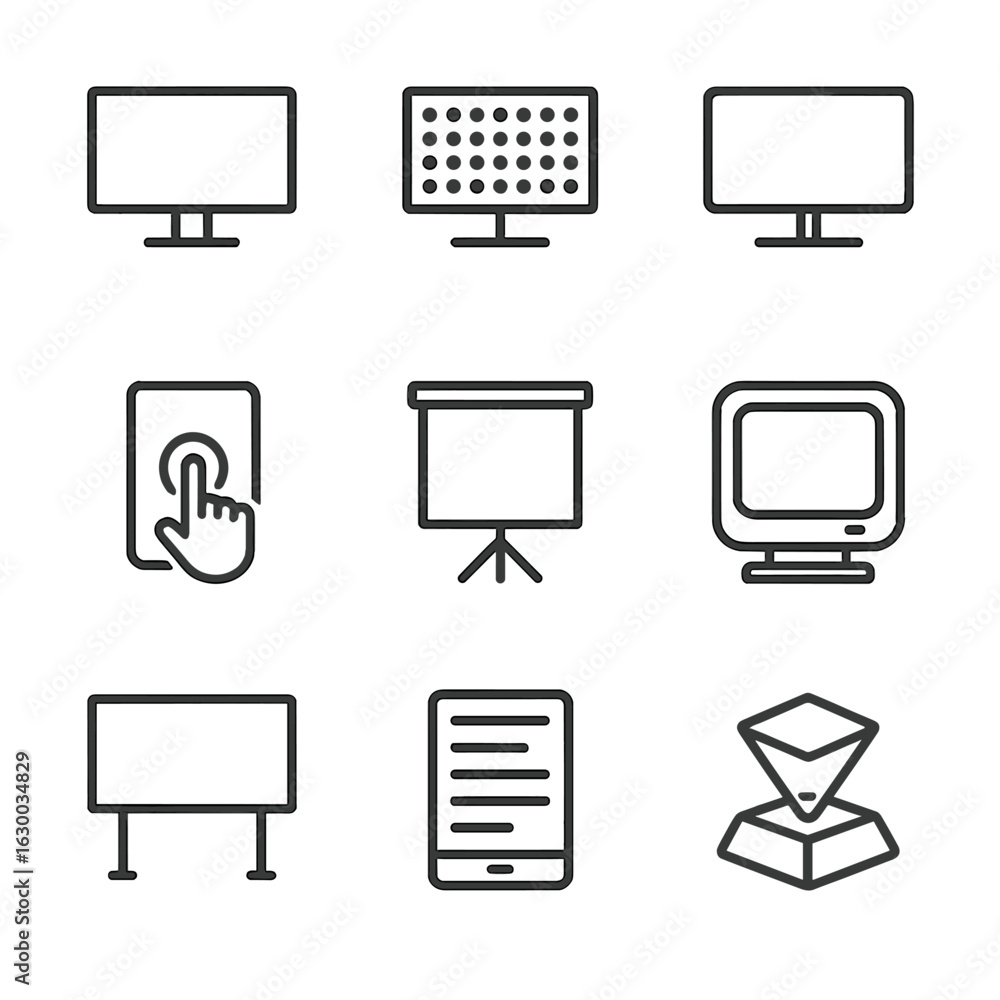 Poster display type icons. outline icon set of display types: lcd screen, led panel, oled display, touchscr