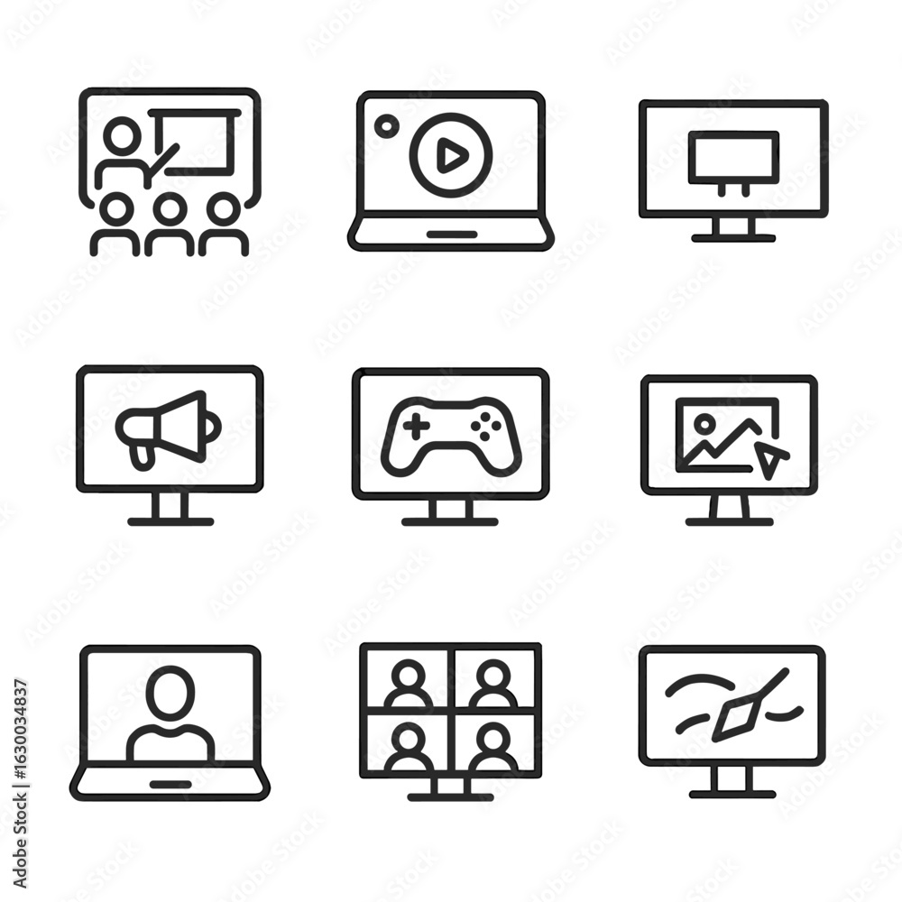 Poster display event icons. outline icon set of display events: presentation, live streaming, digital signa