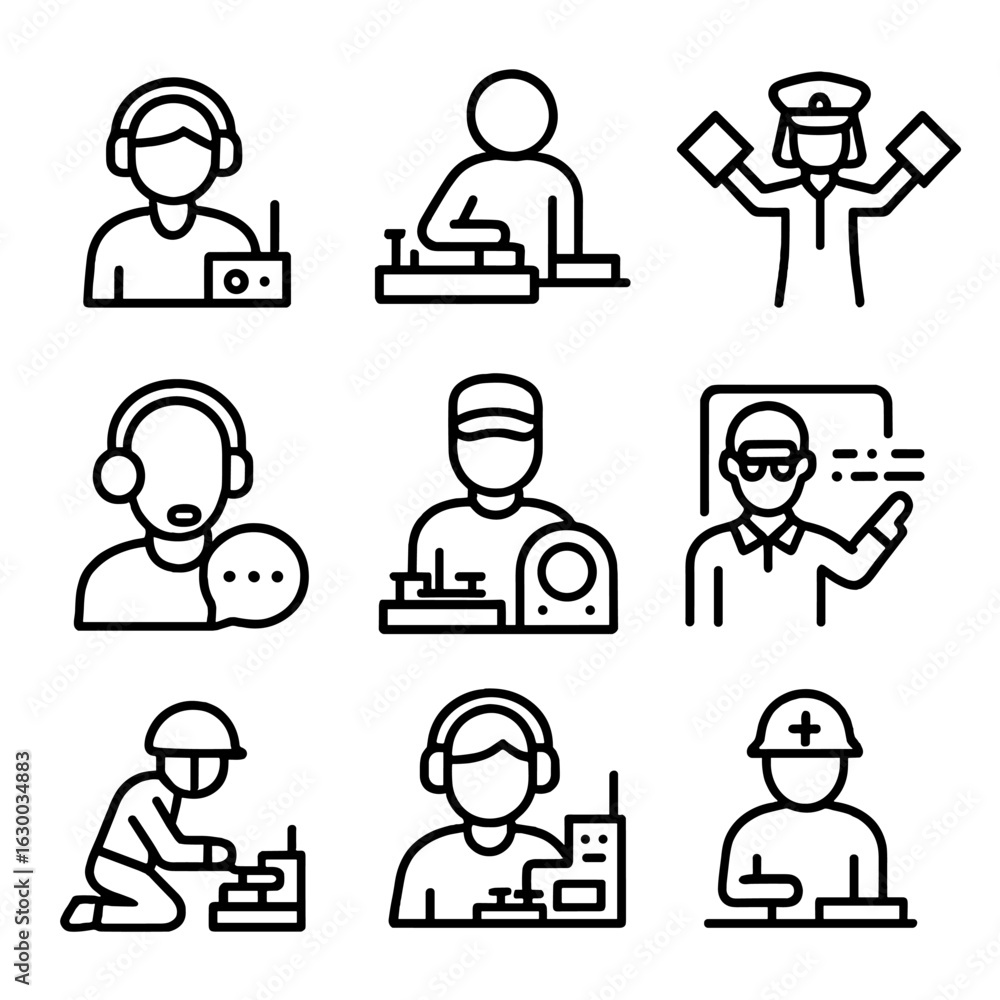 Poster morse code operator icons. outline icon set of morse code operators: radio operator, telegraph opera