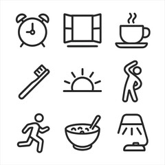 Morning Routine Icons. Outline icon set of early riser routine: alarm clock, open window, cup of coffee, toothbrush, sunrise,