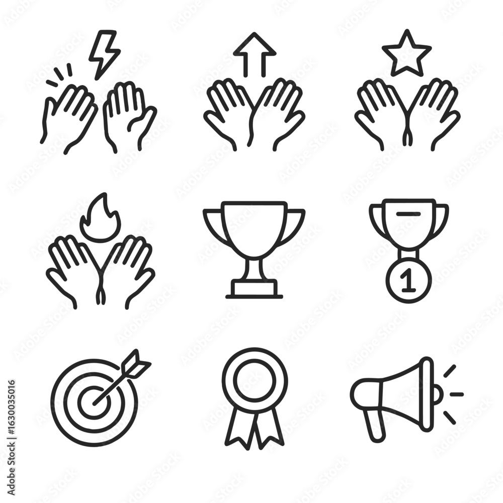 Poster motivation icon set. outline icon set of clapping and motivation: hands clapping with lightning bolt