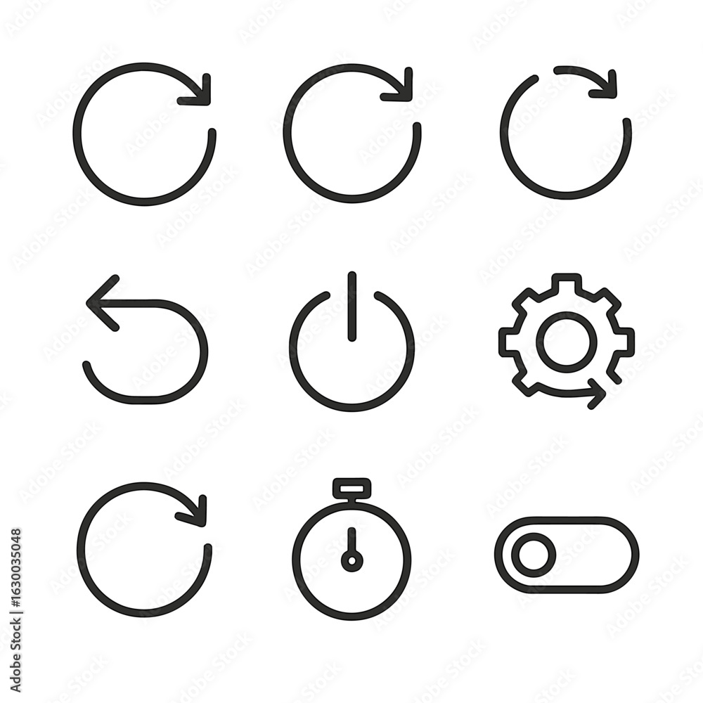 Poster icon set collection. outline icon set of restart concepts: restart icon, circular arrow, refresh arr