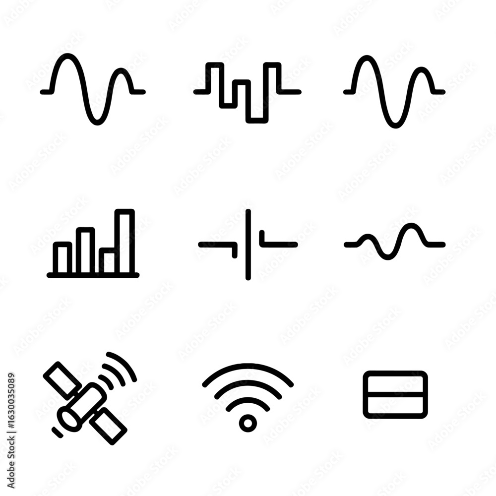 Poster diverse signal icons. outline icon set of downlink signal types: analog signal, digital signal, modu