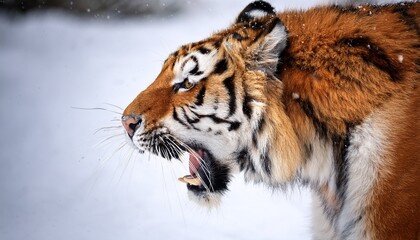 Obraz premium fierce tiger roaring in snowy wilderness wildlife photography nature close up power