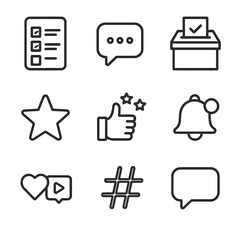 Engagement Tools Icons. Outline icon set of engagement tools: survey form, live chat, poll box, feedback star,