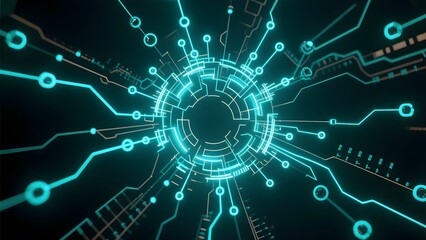Digital Circuit Tunnel with Blue Illumination and Radial Symmetry