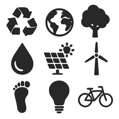 Environmental Icons Grid. Solid, filled icons set of environmental awareness: recycling symbol, earth, tree,