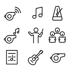 Fototapeta premium Music Icon Set. Outline icon set of whistle in music: sound, melody, note, tempo, metronome, conductor, choir, music score,