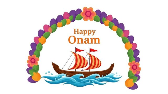 Happy Onam festival greeting card design with a traditional Vallam Kali boat on waves under a floral arch. Vector illustration for the harvest celebration in Kerala.