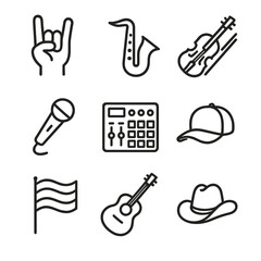 Fototapeta premium Music Genre Icons. Outline icon set of music genres: rock, jazz, classical, pop, electronic, hip hop, reggae, blues, country. Line