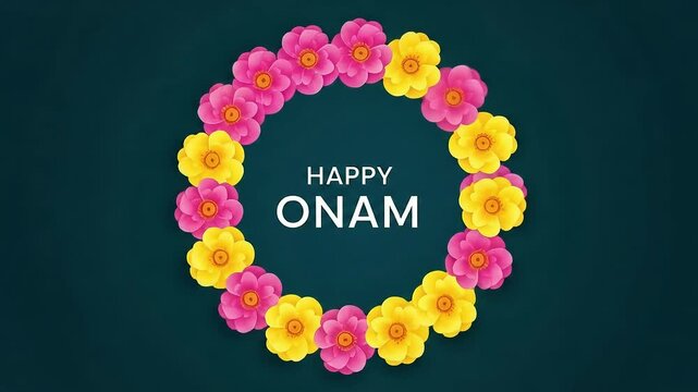 Animated Happy Onam festival greeting card design. A vibrant selection of pink and yellow flowers forming a circular wreath for the celebration.