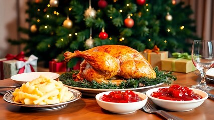 A festive Christmas dinner table showcases a golden roasted turkey with mashed potatoes and cranberry sauce, beautifully arranged in front of a decorated Christmas tree with glowing ornaments and gift