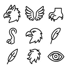 Mythical Creature Icons. Outline icon set of unicorn magic: unicorn head, horn, rainbow, star, cloud, moon, fairy dust, castle,