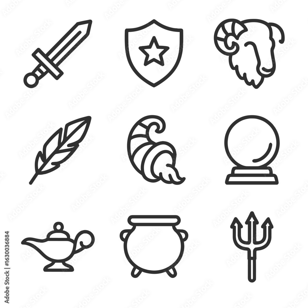 Aufkleber mythical objects icons. outline icon set of mythical objects: magic sword, enchanted shield, golden 