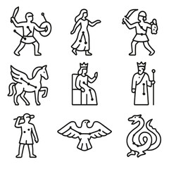 Mythology Constellation Icons. Outline icon set of mythological constellations: Orion hunter, Andromeda princess, Perseus rescuer,