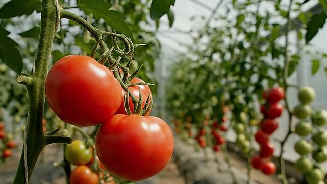 A close view of ripe tomatoes growing on vines in a greenhouse with rows of plants visible in the blurred background