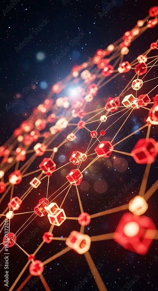 Poster abstract network of red cubes connected by lines in outer space