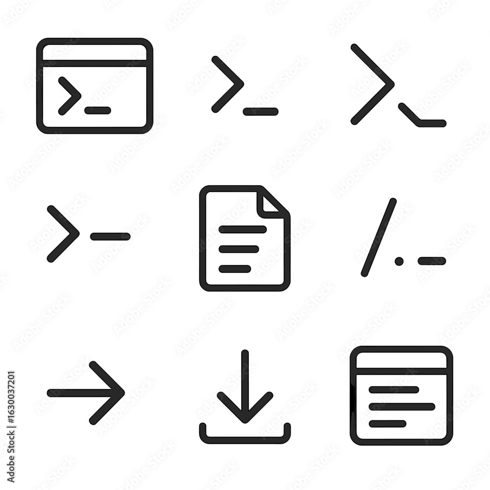 Poster command-line icon set. outline icon set of command-line input: terminal window, prompt cursor, shell