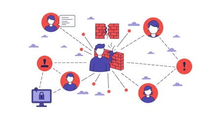 Network security breach illustration depicting breakdown of a system firewall