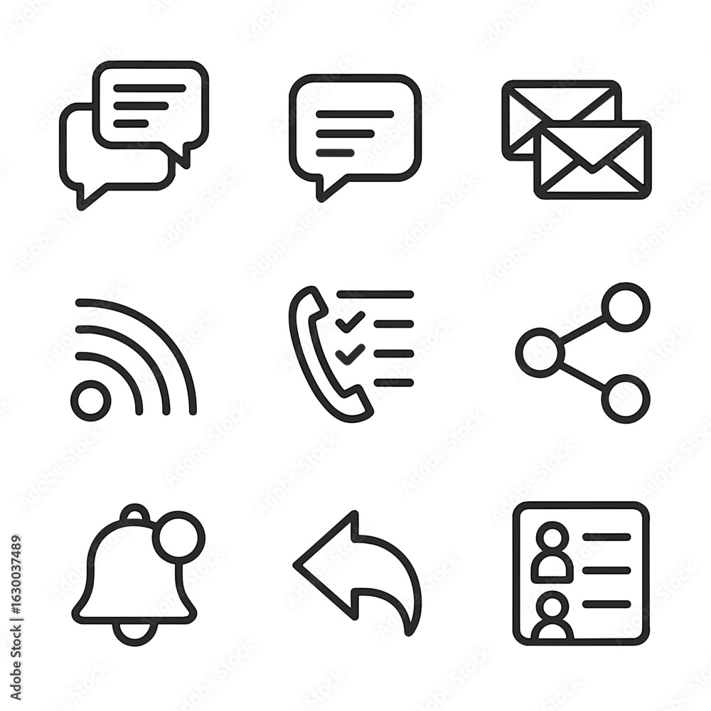 Aufkleber communication icons grid. outline icon set of trace in communication: message thread, chat bubble, e