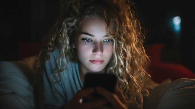 Teen scrolling social media feed with empty, hollow expression, dim room lit by phone glow, digital loneliness, cinematic, emotional depth 