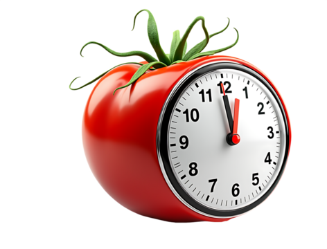 Red tomato kitchen timer with green stem isolated on a transparent background image
