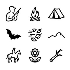 Dusk Silhouette Icons. Outline icon set of dusk silhouettes in dust: silhouetted hunter, distant firelight, shadowy tent, flying