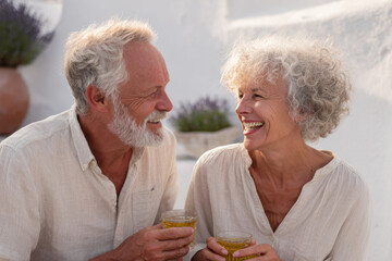 Happy senior couple enjoying herbal tea and fresh fruits outdoors on sunny day, smiling and connecting through healthy lifestyle