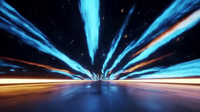 Futuristic glowing road with blue and orange lights under starry sky creating dynamic vibrant tunnel effect full of energy motion and speed with light streaks forming cosmic atmosphere, Subject: A fut