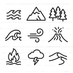 Fototapeta premium Nature's Raw Icons. Outline icon set of untamed nature: raging river, towering mountain, dense forest, crashing waves, swirling