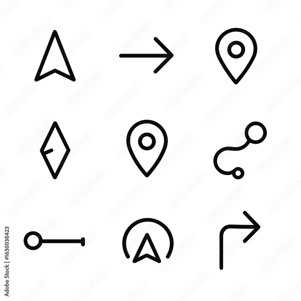 Poster navigation icons set. outline icon set of navigation indicators: north arrow, east arrow, waypoint m