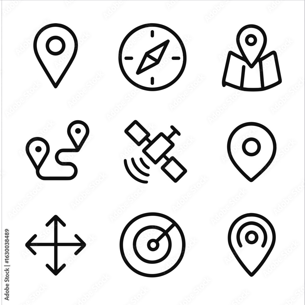 Poster navigation icon set. outline icon set of navigation signals: gps pin, compass, map marker, route, sa