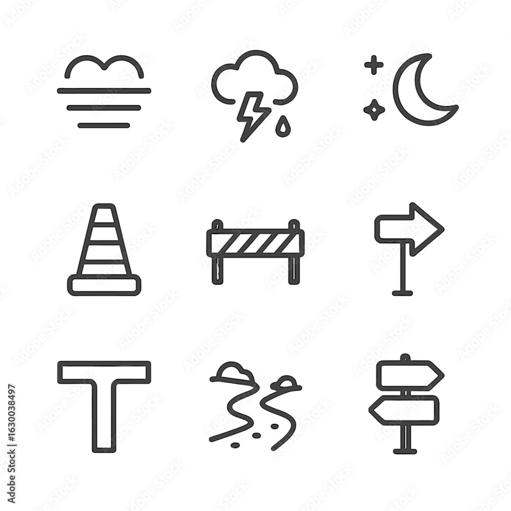 Poster navigation challenge icons. outline icon set of navigation challenges: fog, storm, night, obstacle, 