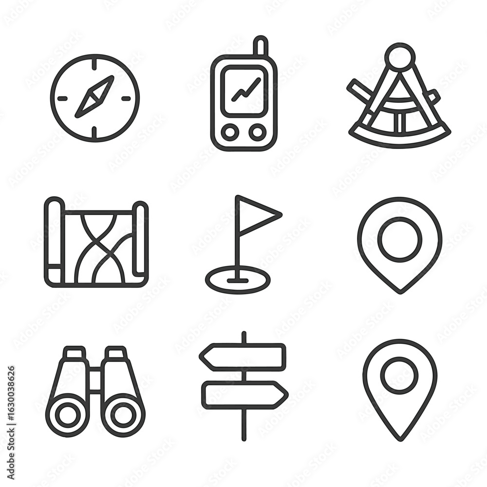 Poster navigation tools icons. outline icon set of navigation tools: compass rose, gps device, sextant, map