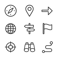 Navigation Icon Set. Outline icon set of navigation symbols: compass, map pin, arrow, globe, road sign, flag, target, binoculars,