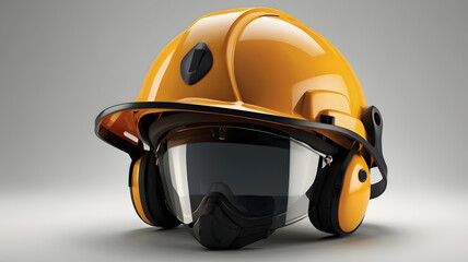 Modern yellow industrial safety helmet with integrated face shield and ear protection. Personal protective equipment concept for worker safety.
