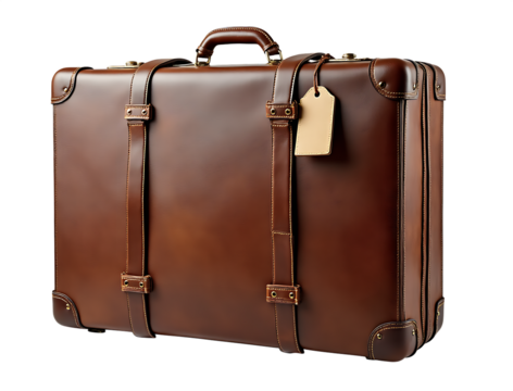 Rich brown leather travel case with tan luggage tag isolated on a transparent background suitcase