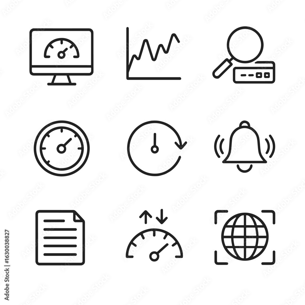 Poster network and chain icons. outline icon set of network monitoring: dashboard screen, traffic graph, pa