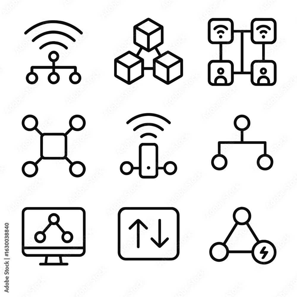 Poster network icon set. outline icon set of network clusters: wi-fi nodes, mesh routers, access points, co
