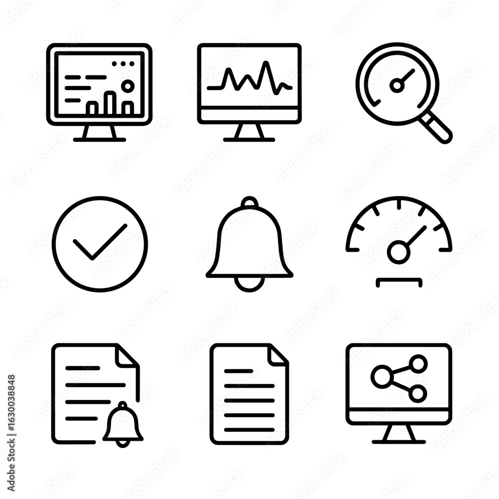 Poster network and chain icons. outline icon set of network monitoring: dashboard screen, traffic graph, pa