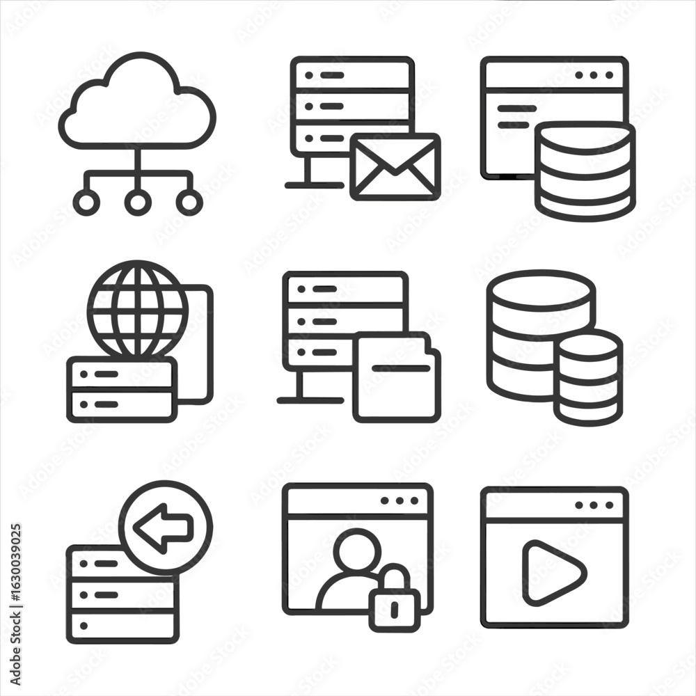 Poster network services icons. outline icon set of network services: cloud computing, email server, web hos