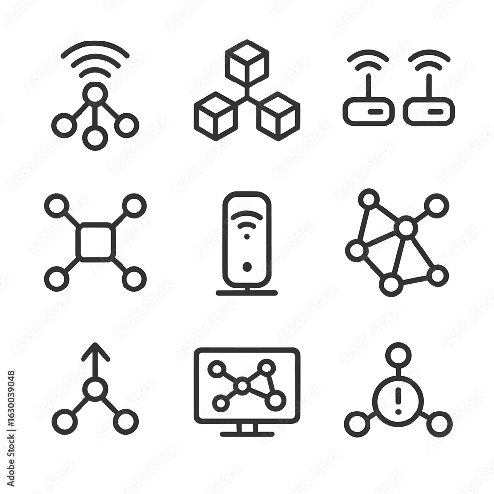 Poster network icon set. outline icon set of network clusters: wi-fi nodes, mesh routers, access points, co