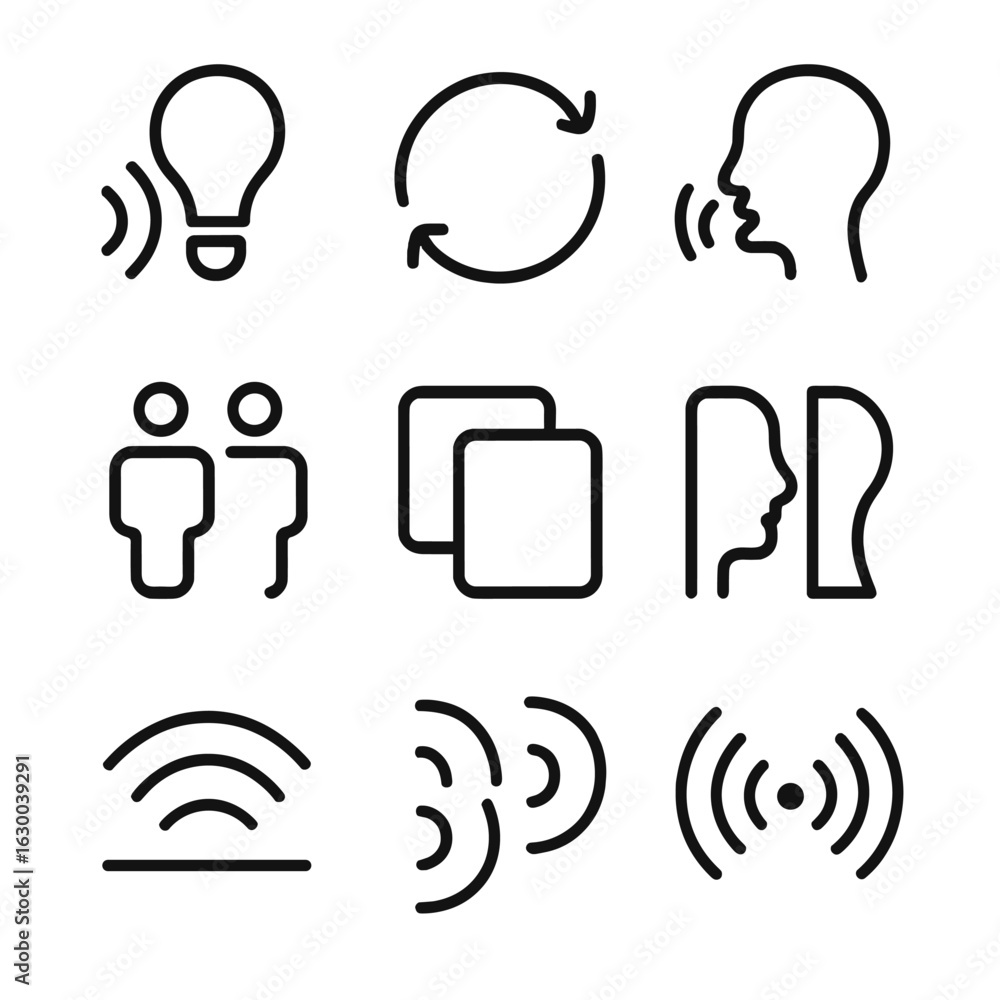 Poster echo icon set. outline icon set of echo in metaphors and concepts: repeated idea, feedback loop, ref
